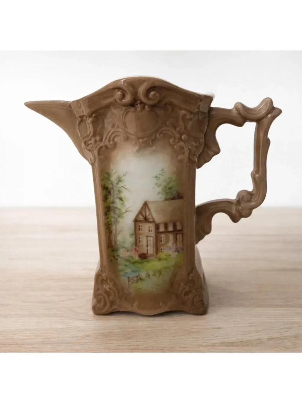 Vintage Hand Painted Porcelain Pitcher Signed Mary Jane G Cottage Scene Art Vase